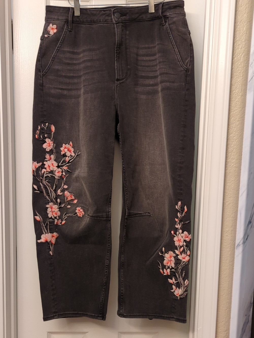 DRIFTWOOD Black Barbie Barrel-Leg Jeans with Pink Floral Embroidery
